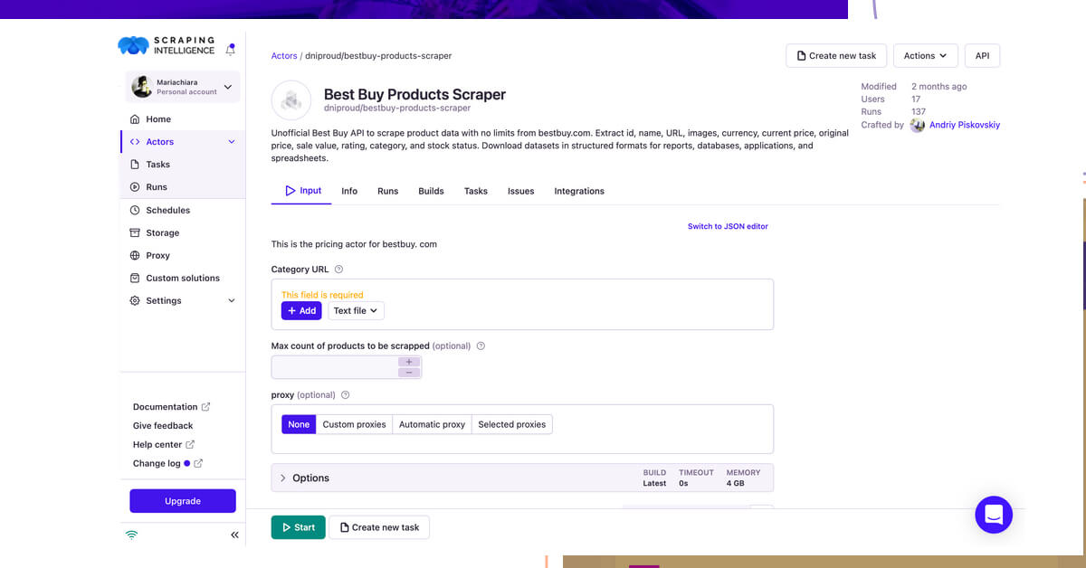 When you click on the page Best Buy product data scraper, you will be redirected to the Scraping Intelligence console page where it will become possible to develop new tasks